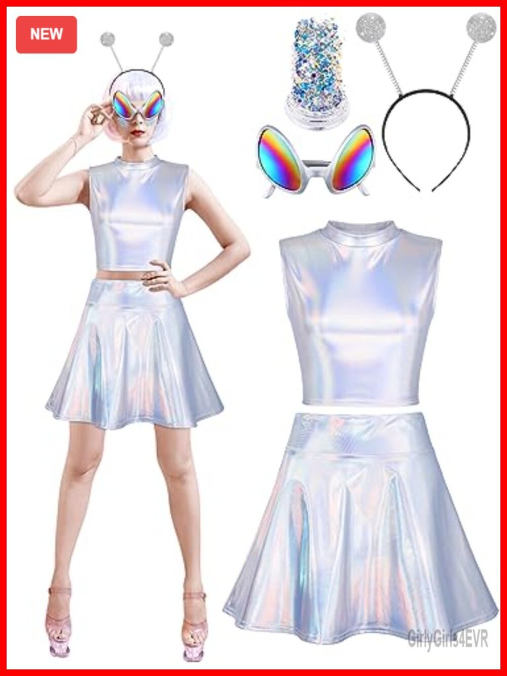Alien Costume Set Metallic Sleeveless Crop Tank Top Pleated Skirt Halloween